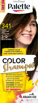 Opakowanie Schwarzkopf Palette Color Shampoo 341 Ciemna Czekolada, z modelką i Argan Oil.
