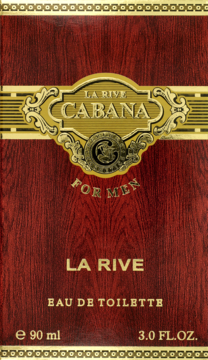 La Rive Cabana męska woda toaletowa 90 ml. Ciemnoczerwono-brązowe opakowanie z teksturą drewna, złote detale.