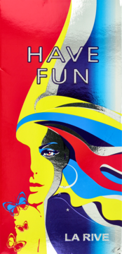 Kolorowe opakowanie La Rive Have Fun wody perfumowanej dla kobiet, ilustracja kobiety, motyle, widok z przodu.