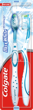 Zestaw 2 szczoteczek Colgate MaxWhite Medium, z polerującą gwiazdą, w blistrze, widok z przodu.