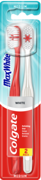 Colgate MaxWhite, 2 średnie szczoteczki (czerwona, biała) z polerującą gwiazdą, usuwają przebarwienia. Widok z przodu.