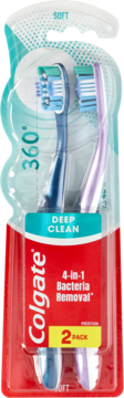 Colgate 360 Deep Clean 2-pack soft toothbrushes (blue, purple) in retail packaging, front view, 4-in-1.