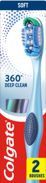 Zestaw 2 szczoteczek Colgate 360 Deep Clean Soft. Niebieska szczoteczka z gumowym uchwytem i niebieską główką, widok z przodu.