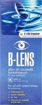B-LENS płyn do soczewek 100ml dla wrażliwych oczu. Niebieskie opakowanie z logo oka i soczewką.