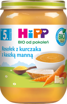 Słoik HiPP BIO rosołek z kurczaka z kaszką manną, żółto-zielona etykieta z ilustracjami, widok z przodu.