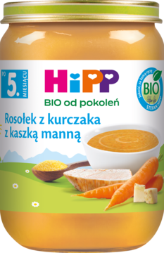 Słoik HiPP BIO rosołek z kurczaka z kaszką manną, żółto-zielona etykieta z ilustracjami, widok z przodu.