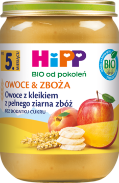 Słoiczek HiPP BIO Owoce & Zboża dla niemowląt od 5 miesiąca, z jabłkiem, brzoskwinią i bananem, bez cukru.