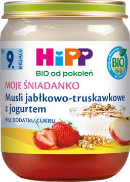 Słoik HiPP Moje Śniadanko musli jabłkowo-truskawkowe z jogurtem, 9. miesiąc, z owocami i zbożem na etykiecie.