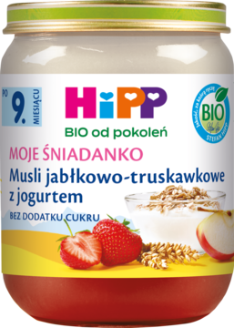 Słoik HiPP Moje Śniadanko musli jabłkowo-truskawkowe z jogurtem, 9. miesiąc, z owocami i zbożem na etykiecie.