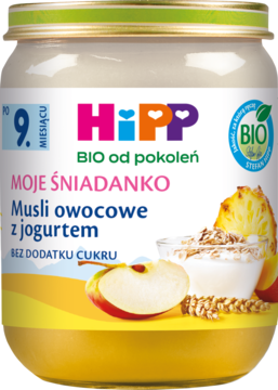 Słoik HiPP Moje Śniadanko Musli owocowe z jogurtem, BIO, bez cukru, z jabłkiem i płatkami, widok z przodu.