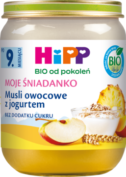 Słoik HiPP Moje Śniadanko Musli owocowe z jogurtem, BIO, bez cukru, z jabłkiem i płatkami, widok z przodu.