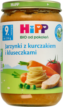 Słoiczek HiPP Jarzynki z kurczakiem i kluseczkami 220g, zielona etykieta z warzywami i logo BIO, dla niemowląt.