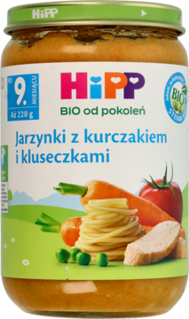 Słoiczek HiPP Jarzynki z kurczakiem i kluseczkami 220g, zielona etykieta z warzywami i logo BIO, dla niemowląt.