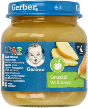 Szklany słoiczek Gerber Gruszki Williamsa, przecier gruszkowy dla niemowląt, żółty mus, niebieska zakrętka, widok z przodu.