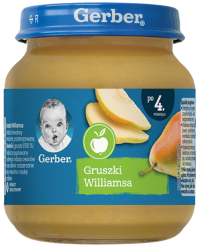 Gerber słoiczek z przecierem gruszkowym Williamsa, niebieska etykieta i wieczko, dla niemowląt po 4 miesiącu.