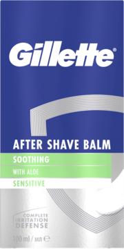 Gillette After Shave Balm Soothing with Aloe Sensitive, niebiesko-szare opakowanie, widok z przodu.
