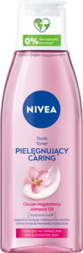 Nivea Caring Toner z olejkiem migdałowym, różowy, do suchej i wrażliwej skóry, przezroczysta butelka, widok z przodu.