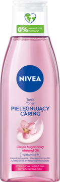 Nivea Caring Toner z olejkiem migdałowym, różowy, do suchej i wrażliwej skóry, przezroczysta butelka, widok z przodu.