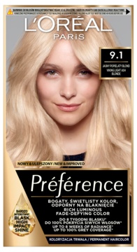 L'Oréal Paris Préférence 9.1, jasny blond, farba do włosów o wysokim połysku, opakowanie z przodu.