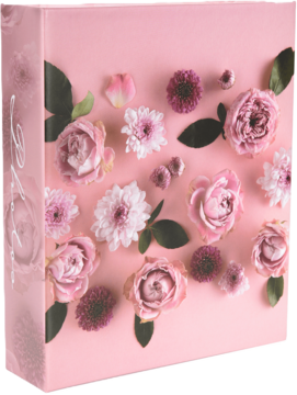 Album klejony Marzenie, różowy, z kwiatowym wzorem róż i chryzantem na okładce i grzbiecie, widok z przodu.