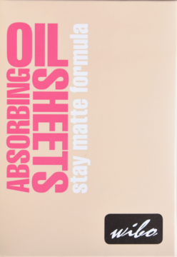 Wibo Oil Absorbing Sheets w jasnobeżowym opakowaniu, z różowym napisem, formuła stay matte, widok z przodu.