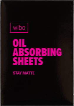 Czarne opakowanie Wibo Oil Absorbing Sheets z różowym napisem, widok z przodu, bibułki matujące Stay Matte.