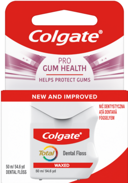 Colgate Total Pro Gum Health nić dentystyczna, czerwone opakowanie i biały dozownik WAXED, widok z przodu.