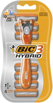 Wielopak: pomarańczowa maszynka BIC 3 Hybrid z 3 ostrzami, 1 uchwytem i 6 zapasowymi wkładami, widok z przodu.