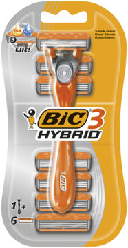 Wielopak: pomarańczowa maszynka BIC 3 Hybrid z 3 ostrzami, 1 uchwytem i 6 zapasowymi wkładami, widok z przodu.