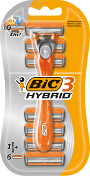 Opakowanie z golarką BIC 3 Hybrid. Pomarańczowa rączka i 6 zapasowych wkładów z 3 ostrzami.