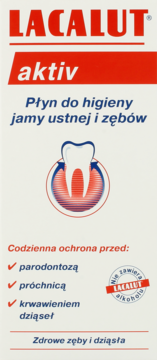 Przednie opakowanie płynu Lacalut aktiv do jamy ustnej, białe z czerwoną etykietą i grafiką zęba.