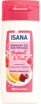 Isana Kremowy Żel Pod Prysznic Yoghurt & Fruit, biała butelka z różową nakrętką, widok z przodu.