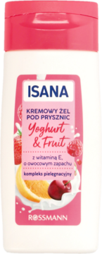 Isana Kremowy Żel Pod Prysznic Yoghurt & Fruit, biała butelka z różową nakrętką, widok z przodu.