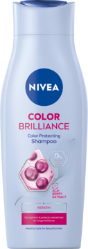 NIVEA Color Brilliance szampon chroniący kolor, biała butelka z keratyną i ekstraktem Acai, widok z przodu.