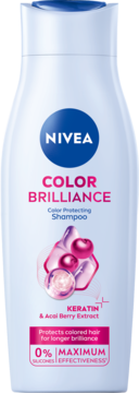 Biała butelka szamponu NIVEA Color Brilliance, ochrona koloru, z keratyną i acai, widok z przodu.