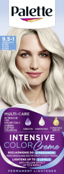 Palette Intensive Color Creme 9,5-1, rozjaśnia do 2 poziomów, anti-yellow, z modelką z blond włosami.