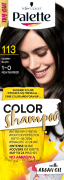 Szampon koloryzujący Schwarzkopf Palette 113 Czarny (1-0) z arganem, bez amoniaku, widok z przodu.
