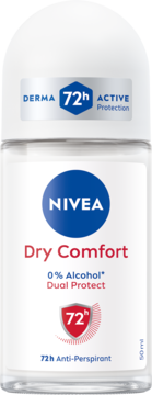 NIVEA Dry Comfort 72h antyperspirant roll-on, biała butelka, niebieskie logo, widok z przodu, 50ml.