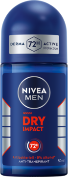 Antyperspirant NIVEA MEN Dry Impact roll-on 72H, ciemnoniebieski, z czerwonym napisem i srebrnymi akcentami, widok z przodu.