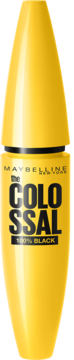 Żółty tusz do rzęs Maybelline The Colossal 100% Black, cylindryczne opakowanie, widok z przodu.
