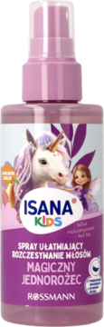 Fioletowy spray Isana Kids Magiczny Jednorożec ułatwiający rozczesywanie włosów, z ilustracją jednorożca, widok z przodu.