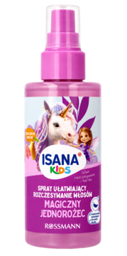 Isana Kids Magiczny Jednorożec, różowy spray ułatwiający rozczesywanie włosów, z etykietą z jednorożcem i wróżką.