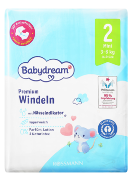 Pieluszki Babydream Premium Windeln Mini 2 (3-6 kg), biało-niebieskie opakowanie z myszką i wskaźnikiem wilgoci.