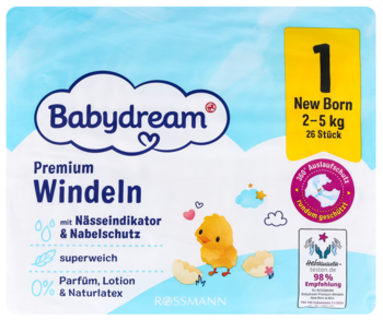 BABYDREAM Premium ,pieluchy, 1 New Born, 2-5 kg,przód