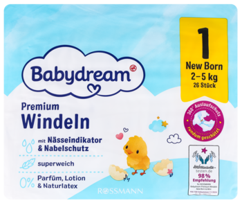 Opakowanie pieluszek Babydream Premium Windeln New Born, 2-5 kg, niebiesko-białe z wskaźnikiem wilgoci i 0% parfümu.