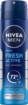 NIVEA MEN Fresh Active antyperspirant w sprayu, ciemnoniebieska puszka 72h ochrony, widok z przodu.