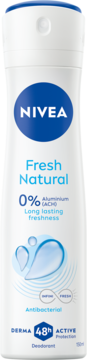 Biały dezodorant NIVEA Fresh Natural spray, 0% aluminium, 48h ochrona antybakteryjna, widok z przodu.