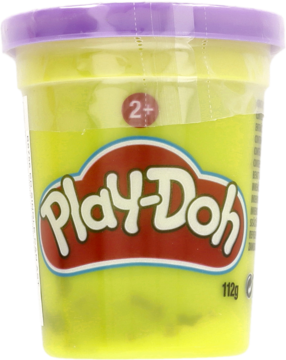 Samodzielna tuba żółtej ciastoliny Play-Doh, 112g, z fioletową pokrywką, widok z przodu.