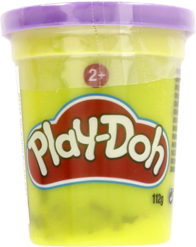 Samodzielna tuba żółtej ciastoliny Play-Doh, 112g, z fioletową pokrywką, widok z przodu.