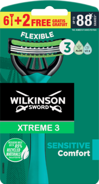 Wilkinson Sword Xtreme 3 Sensitive Comfort: 8 jednorazowych maszynek, zielone opakowanie z 3 elastycznymi ostrzami.